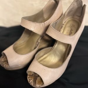 Wedge platform heels. SO comfortable for the height. Lots of life left.